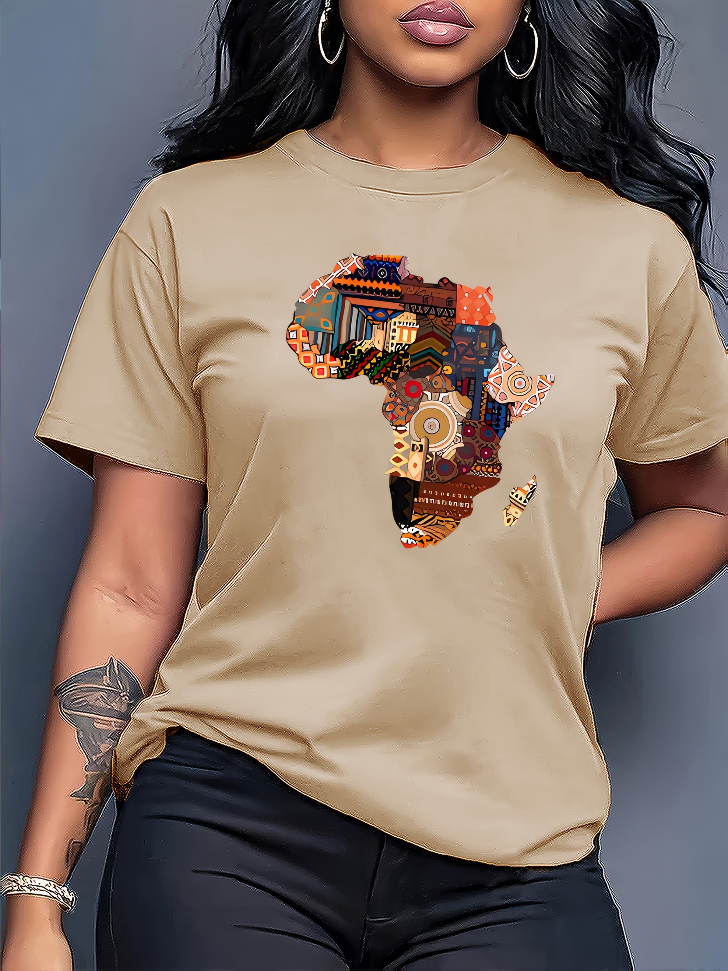 Women's African-Inspired Patchwork Print Casual Short Sleeve T-Shirt - Vibrant Red Round Neck Top with Cultural Motifs, Medium Stretch & Machine Washable for Spring/Summer, Casual Attire, Comfortable Fabric